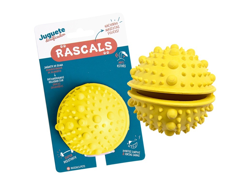 PELOTA CON PINCHES AMARILLA DISPENSADORA GOMA 8 CM JUP75799-B